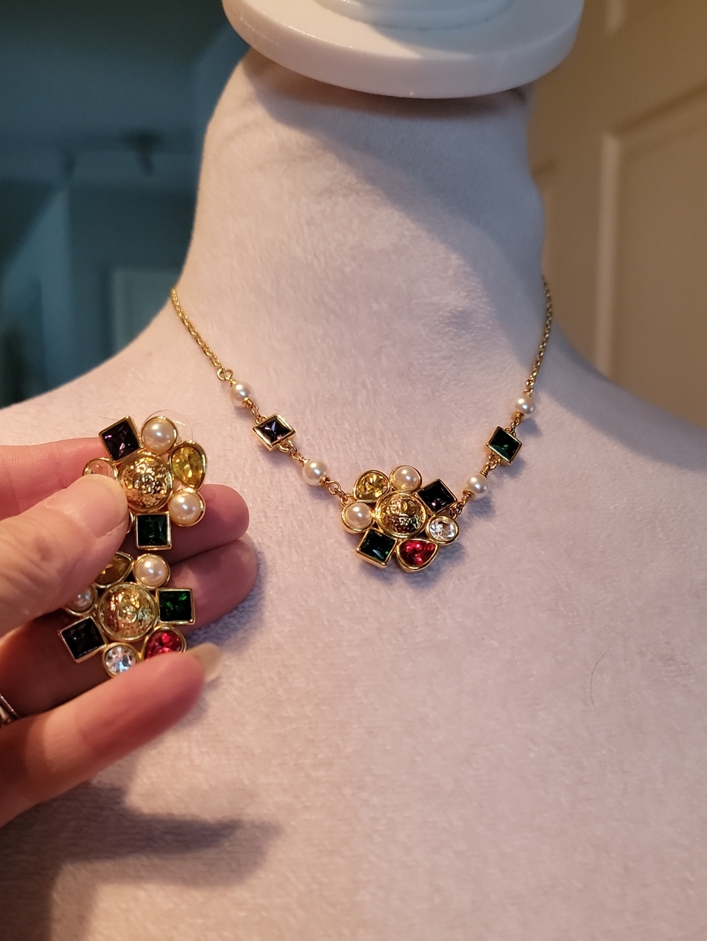 Inspired. Gold-Tone Multicolor Crystal & Pearl Flower Necklace and Earring Set